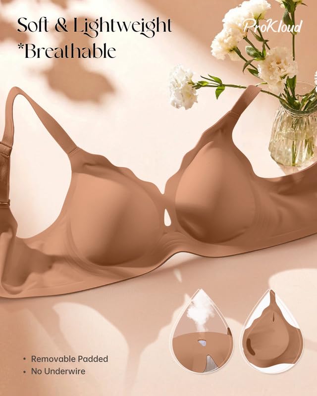Image of ProKloud Wireless Bras for Women Wave Push Up No Underwire Bralettes Seamless Full Coverage Support Lift Everyday Bra Coffee