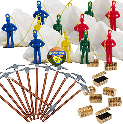 Battle Gamer Party Favors for 12 - Pickaxe Pencils (12), Mini Treasure Chest (12), Paratrooper Toys with Parachutes (12) and Game Winner Party Sticker (Total 37 Pieces)