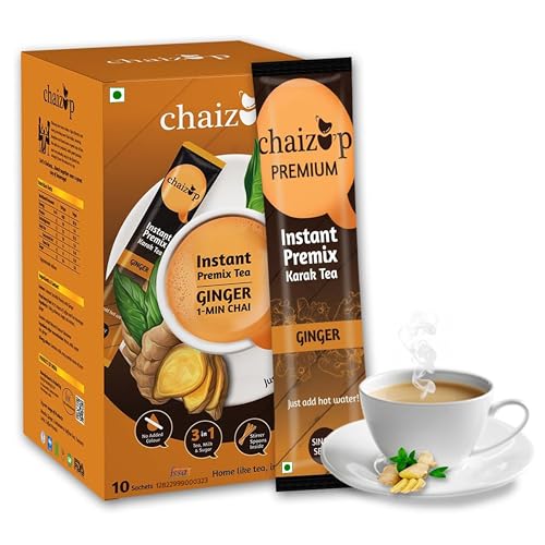 Image of Chaizup Instant Premix Ginger Tea | Karak Chai With Adrak & | Ginger Flavor | 10 Sachets | Adrak Chai | Masala Ginger Tea Powder | Premix Tea | Desi Chai, 140 Gm