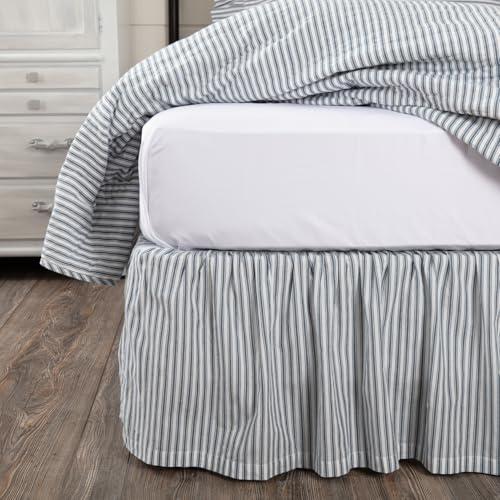VHC Brands Sawyer Mill Ticking Striped Cotton Farmhouse Split Corners Gathered Twin Bedding Accessory Skirt 39x76x16 Blue Denim