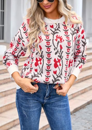 chouyatou Women's Cute Y2K Floral Print Pullover Sweater Fall Casual Crewneck Ribbed Knit Jumper Tops2