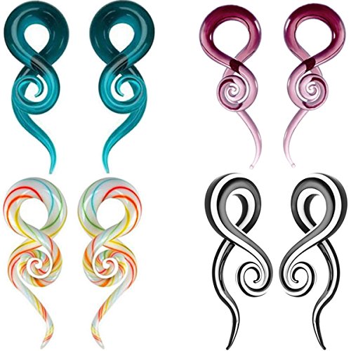 IPINK-Pack of 8 Mixed Colors Glass Spiral Tapers Ear Piercing Tunnel Plugs Gauges (4 Pairs of 0 Gauge (8mm))