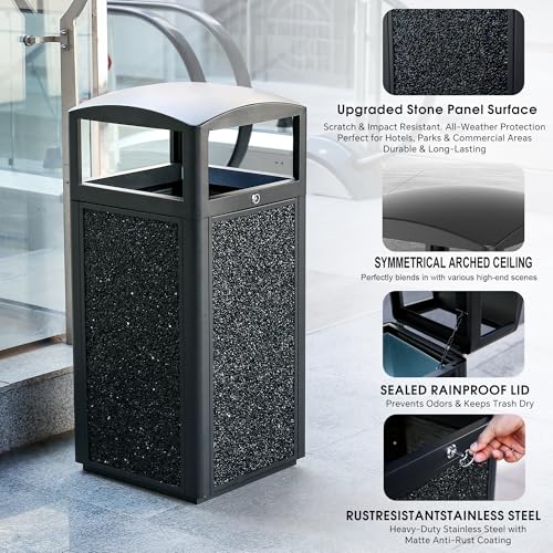 Image of 15 Gallon Outdoor Commercial Trash Can with Lid, Heavy-Duty Galvanized Steel Garbage Receptacle with Removable Inner Bucket, Locking Waste Container with Stone Panels for Business Entrances