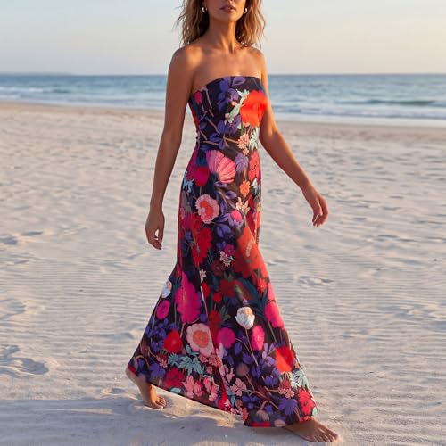 Image of Zwirelz Women Strapless Maxi Dress Boho Floral Print Flowy Long Tube Dress Off Shoulder Loose Beach Sundress