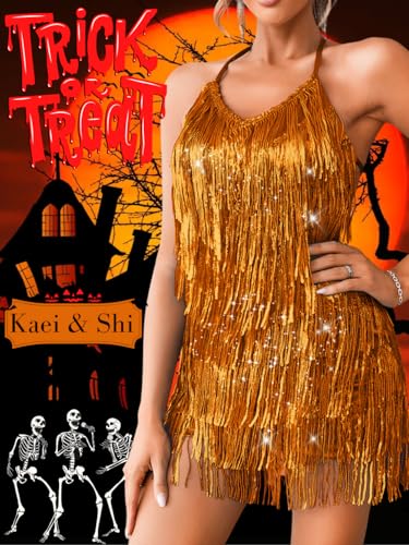 Image of Kaei&Shi Sequin Fringe Romper,Sparkly Glitter Metallic Jumpsuits For Women,Backless Shorts Dress Disco Birthday Dance Outfit