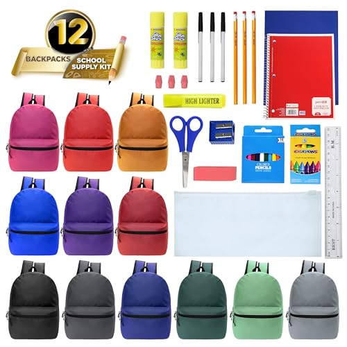 Moda West 17 Inch Bulk Backpacks with 34 Piece School Supplies Kits - Pens, Pencils, Crayons - Case of 12 Wholesale Backpacks in 12 Assorted Colors2
