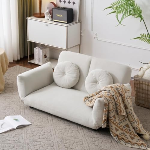 Kelfluxionソファー 2人掛け ローソファー ソファベッド 幅126cm ソファ コーデュロイ生地 座椅子 抱き枕付き リクライニング 背もたれ 肘掛け ギア搭載 折りたたみ 1人掛け コンパクト 低いソファー (白)