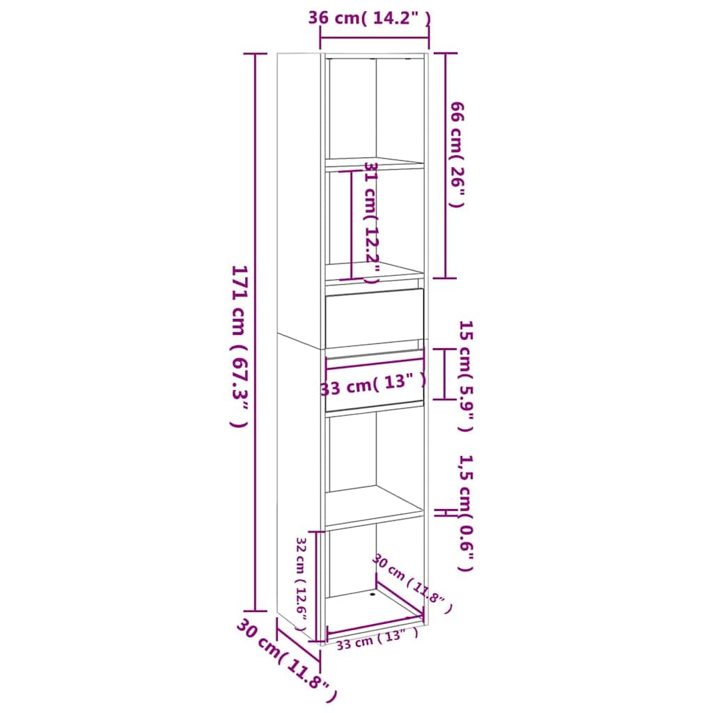 Libreria bianca in legno, 36 x 30 x 171 cm, con 4 ripiani e 2 cassetti, montaggio a parete, per soggiorno, ufficio, cameretta dei bambini, salvaspazio e stabile