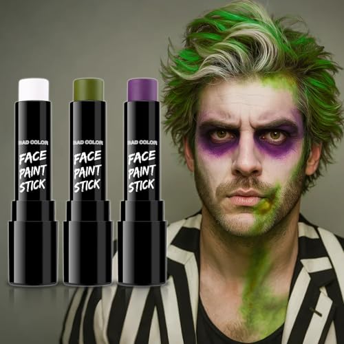Image of BADCOLOR 3PCS White Ogre Green Purple Face Body Paint Stick Makeup for Beetle-juice / Frankenstein SFX Cosplay & Dress Up, Full-Coverage Halloween Facepaint Makeup Kit