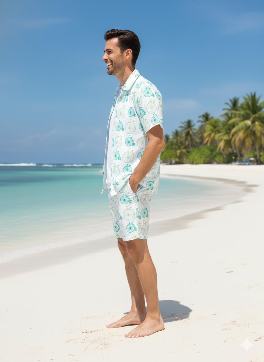 COOLLINEN Men’s Cotton Printed Co-Ord Set | Floral Print Short Sleeve Shirt with Drawstring Shorts | Casual Summer Wear, Beach & Vacation Outfit for Men (cycle, M.) 1