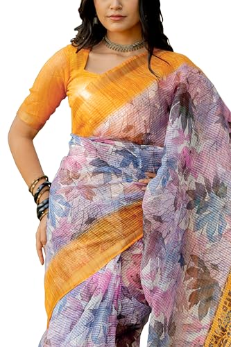 Image of MIRCHI FASHION Kota Doria Cotton Saree with Blouse Piece | Leaf Floral Printed Saree for Women | Traditional Ethnic Daily Wear Summer Saree