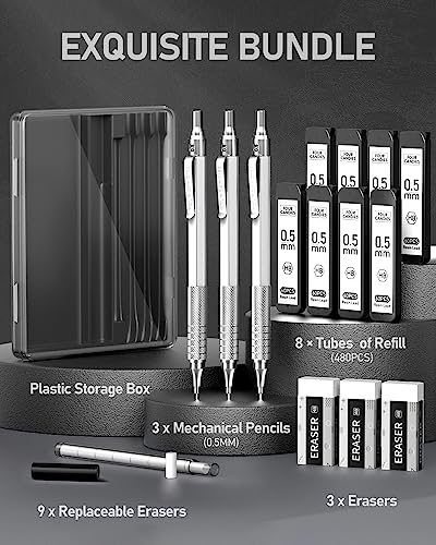 Image of Four Candies Metal Mechanical Pencil Set with Case, 0.5mm, 3PCS, Silver