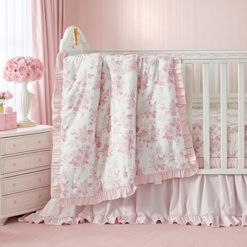 Brandream French Country Toile Crib Bedding Set for Girls Vintage Pink Grandmillennial Toile Floral Print 100% Cotton Baby Girl Nursery Bedding - Ruffles Quilt Toile Crib Sheet Crib Bed Skirt 3 Pieces