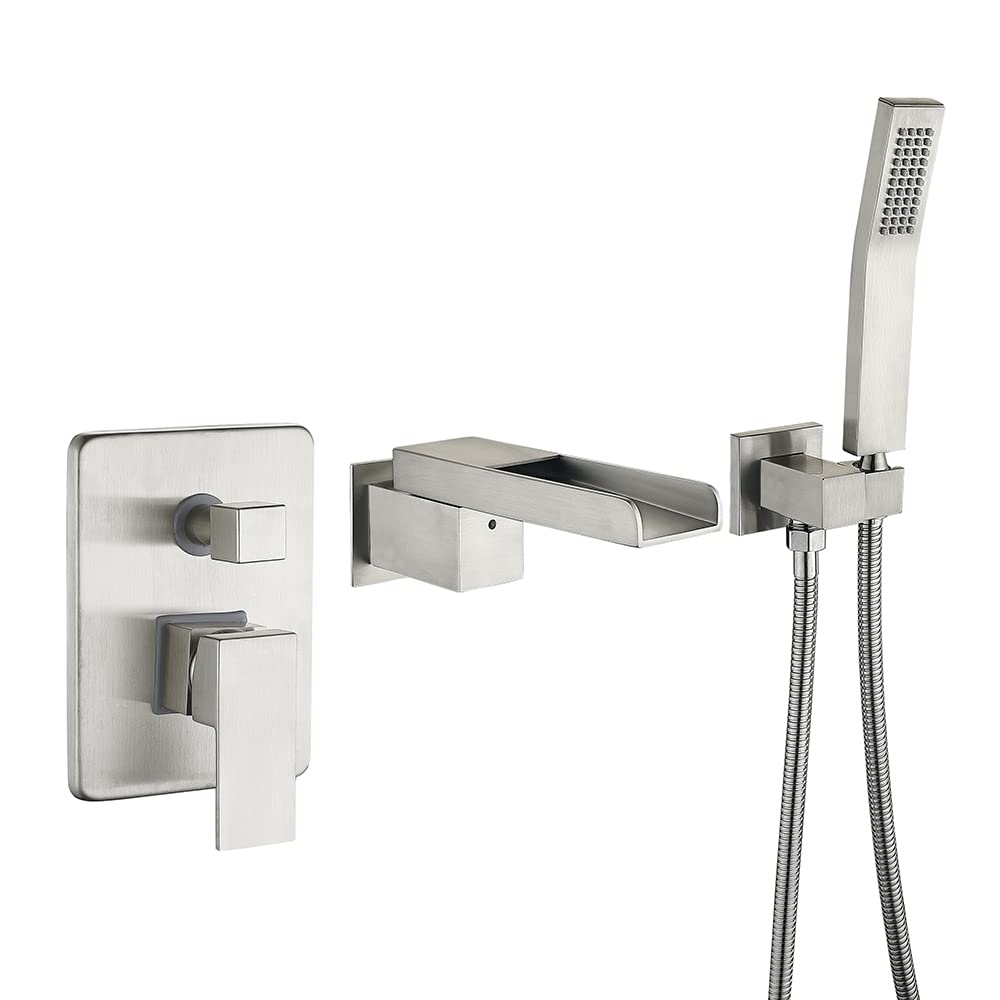 NGDFGR Bathtub Faucet With Shower Set, Bathtub Mixer Tap With Brass Hand Shower Bath Faucet, With 1.5M Shower Hose, Bathroom Shower With Hand Shower Swivel Waterfall Spout, Bath,Brushed Nickel