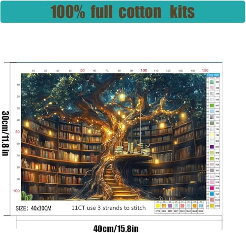 Image of Bookstore Stamped Cross Stitch Kits for Adults -Tree House Embroidery Kits for Beginners Adults,11 CT Patterns Dimensions Counted Cross Stitch Kits for Adults Arts Craft 12x16 inch