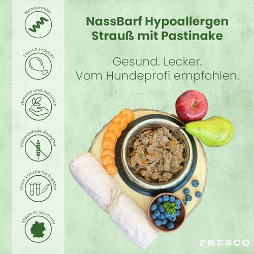 FRESCO Dog Hypoallergen-Menü Strauß mit Pastinake - hypoallergenes Hundefutter Nassfutter 12x 400g in Barf-Qualität