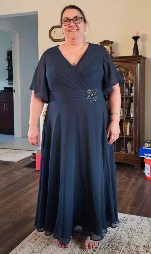 DREAMIND Grape Chiffon Mother of The Bride Dresses Plus Size 2025 Ruffled V Neck Tea Length Mother of The Groom Dress US20w4