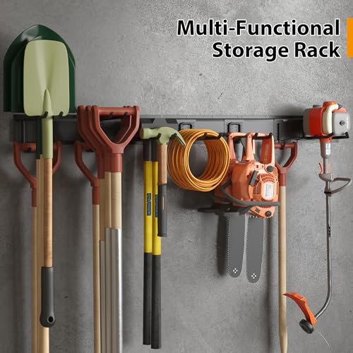 BONTEC Wandmontierter Werkzeughalter, 336 kg Tragfähigkeit, 3 Rail Panels, Verstellbare Garage Wandregale mit 8 Haken, Besenhalter, Gartengeräte Aufbewahrung, Stabil und Rostbeständig, Schwarz – Bild 3