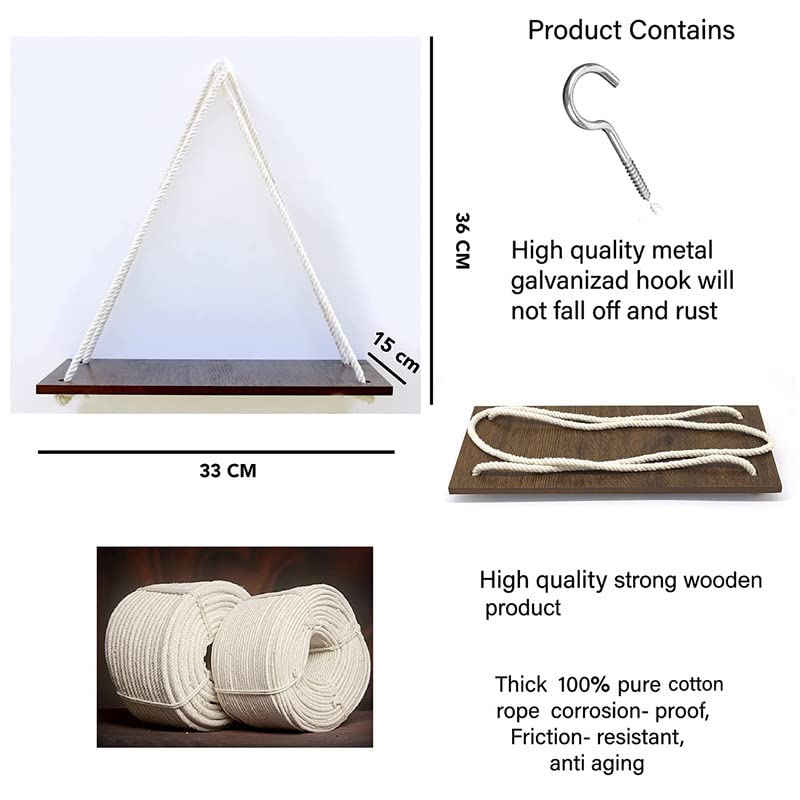 Image of VAH Wooden 1 Layer with White Jute Rope Wall Floating Laminated Wall Decor Wall Shelf