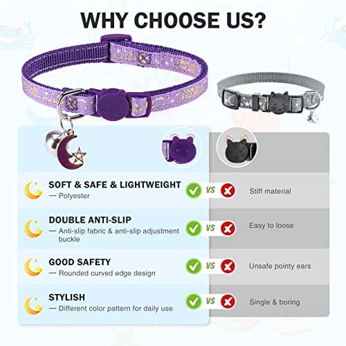 Image of 3 Pack Breakaway Cat Collars with Bell- Golden Moon Cat Collar Glow in The Dark for Girl Boy Cats with Safety Buckle- Cute Kitten Collar Adjustable 8 inch-12 inch for Kitty Puppy Small Pets