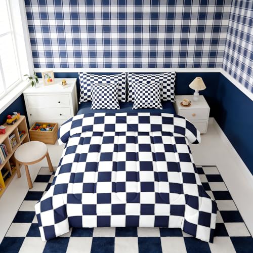Image of Erosebridal Boys Navy Checkered King Bedding Set 7 Piece White Dark Blue Buffalo Plaid Grid Comforter Set with Sheets,Checkerboard Bed in A Bag for Kids Teen Mengeometrical Gingham Bed Set