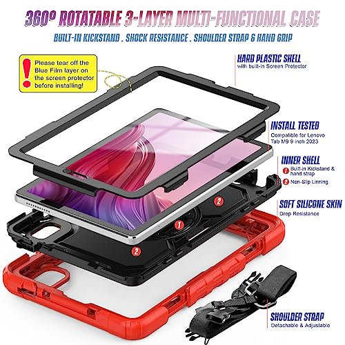 SIBEITU Case Compatible with Lenovo Tab M9 TB-310FU 2023 with Screen Protector Pen Holder, 9.0 Inch Three Layer Drop-Proof Protection Case with 360°Rotating Stand &Strap for Lenovo Tab M9