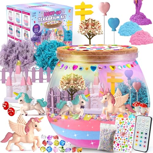 Unicorn Terrarium Crafts Kit for Kids: LED Night Light-Up DIY Toys with Remote Fun Birthday Gifts for Girls Ages 5 6 7 8 9 10 Years Old Creative Arts & Crafts Activity Set