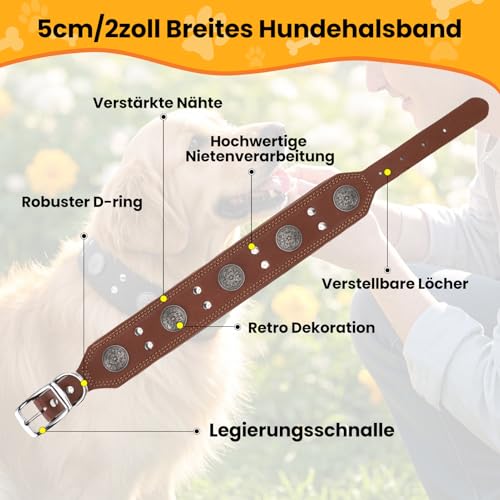 Lederhalsband Hund, 5cm Hundehalsband Leder Breit, Einstellbar Hunde Halsbänder Mit Metallschnalle, Halsband Hund Breit Für Große Und Mittelgroße Hunderassen XL