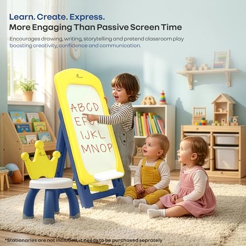 Image of R for Rabbit Little Genius Doodle Duo for Kids Whiteboard with Chair Set | 7-Level Adjustable Height Study Table for 3-7 Years | Foldable & Space Saving | Desk for Learning & Drawing (Yellow Blue)