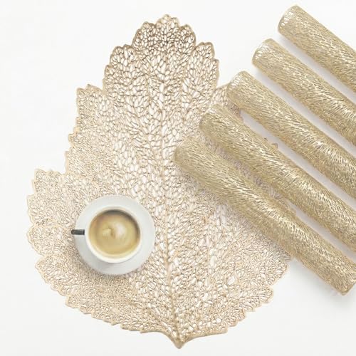 Image of Kuber Industries Leather Table Mats Set of 6 | Washable Placemat /Dining Table Mat for Wedding and Family Functions | Patta Design - Golden