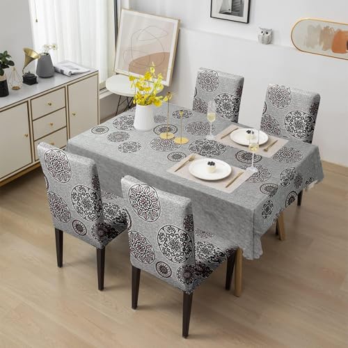 Image of Amazon Basics Dining Table Cover with 6 Chair Covers|Table Cover: 100% Polyester Woven Fabric 140 GSM, 220Cm X 140Cm|Chair Cover: 95% Polyester & 5% Spandex 110 GSM, 50Cm X 40Cm|Grey, Rectangular
