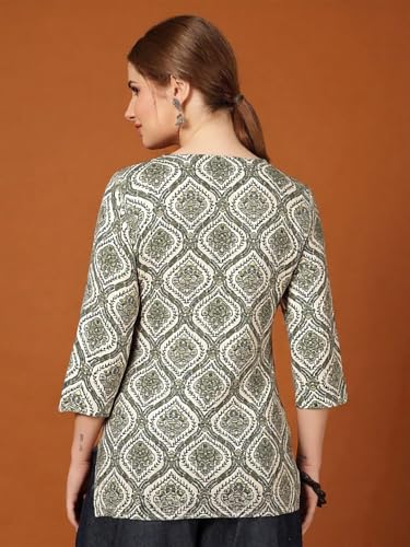 Image of Pinkmint Women's Cotton Blend Printed Short Kurti, Hip-Length Ethnic Tunic for Women, 3 /4 Sleeve Notch Neck, Casual, Office (Available in Plus Sizes & Combo Pack 2)