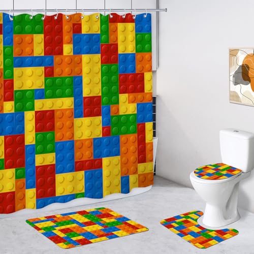 Faitove Kids Shower Curtain Sets 4PCS with Rugs, Toilet Lid Cover and Bath Mat, Funny Colorful Blocks Shower Curtain Boys Girls Waterproof Polyester Fabric Bright Bathroom with Hooks, 72 x 72