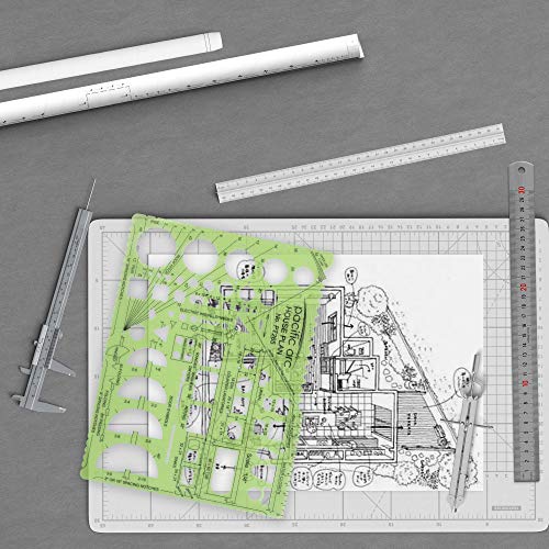 Image of Pacific Arc House Plans Templates Guide, with Stairs, Doors, Plumbing, Kitchen Appliances, and Roof Pitch Gauge, Scale of 1 /4 Inch to 1 Foot