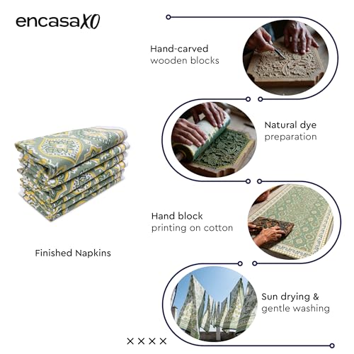 Image of Encasa XO Dining Table Napkins Set of 6 | Sage-03 Block Printed Cotton Canvas Cloth Napkin - 45x45 cm | Jaipur Sanganeri Hand Print