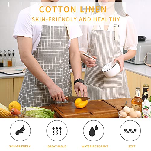 Image of Tosewever 2 Pieces Kitchen Cooking Aprons, Waterproof Linen Adjustable Bib Aprons with 2 Pockets for Women Men Chef (Grey Stripes /Plaids, 2)