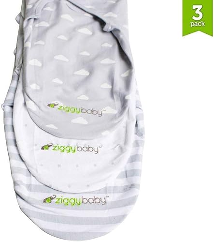 Miniatura 7 de Manta envolvente, juego de mantas ajustables para envolver bebés de Ziggy Baby, paquete de 3 de algodón suave con nubes, rayas y estrellas grises.