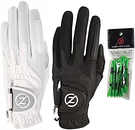 Zero Friction Ladies Compression-Fit Synthetic Golf Glove (2 Pack with free pack of tees), Universal Fit One Size, White/Black