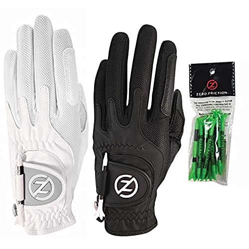 Zero Friction Ladies Compression-Fit Synthetic Golf Glove (2 Pack With Free Pack Of Tees), Universal Fit One Size, White/Black #TOP3