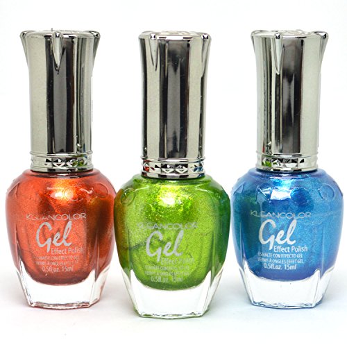 Kleancolor 3 Gel Effect Nail Polish Metallic Orange Green Aqua NO UV LED K3GEL15 + Free ZipBag