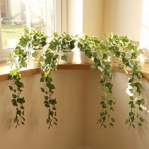 Image of Dekorly Artificial Hanging Garland with Pot - 100cm Rose Vine, 10cm Decorative Pot for Table, Shelf & Wall Decor (4, Star Money Vine)