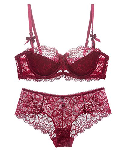 Women Underwire Balconette Bra and Panty Set Half Cup Lightly Padded Brassiere and Sexy Lace Underwear Red 38C