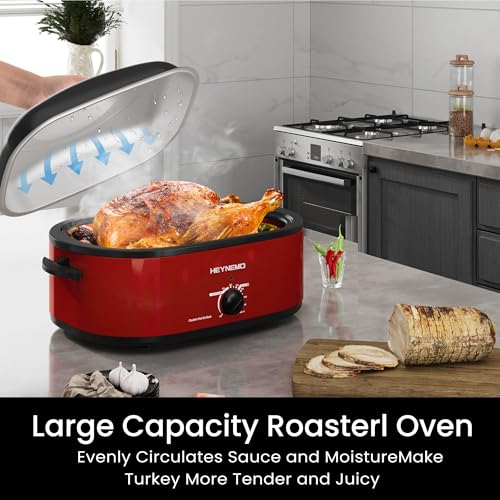 Image of 18 Quart Roaster Oven with Self-Basting Lid, Electric Turkey Roaster Oven with Defrost & Warm Function, Adjustable Temperature, Removable Pan & Rack, Stainless Steel, Red