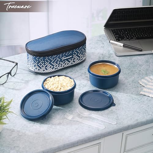 Image of Trueware Omaga Lunch Box with Insulated Fabric Jacket, 2 Microwave Safe & Leak Proof Inner Stainless Steel Containers 400ml Each Tiffin for Office, College