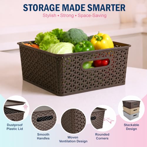 Image of JD Fresh Pack of 3 Premium Plastic Storage Basket with Lid /Smooth Handle Design&Stackable Storage Organizer /Durable Kitchen Storage Basket for Clothes, Vegetables, Fruits, Toys, Stationery(Multicolor)
