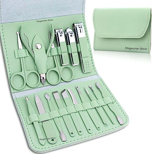 16in1 Manicure Pedicure Kit For Women & Men with Nail Cutter,Scissors,Tweezers,Knife,Ear Pick Eyebrow, Toe Nail Scissors Utility Tools with Leather Travel Case,Professional Grooming Kit Nail Care Tool
