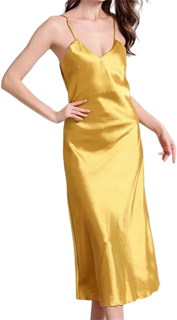 Women’s Satin Silk Nightgown Long Slip V Neck Solid Sleepwear Dress