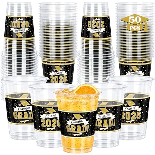 QZYL 50 PCS Black Gold Graduation Decorations 14 OZ Graduation Cups 2026 Disposable Plastic Cup Bulk for Class of 2026 Congrats Grad Grad Cups for Hot Cold Drinks High School College Tableware