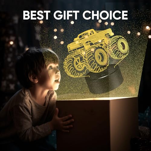 Image of BASSI Monster Trucks Night Light for Boys, 3D LED Optical Illusion Lamp with Remote Control, 16 Colors Change Perfect Birthday Party Decor Idea for Boys, Kids, and Teens
