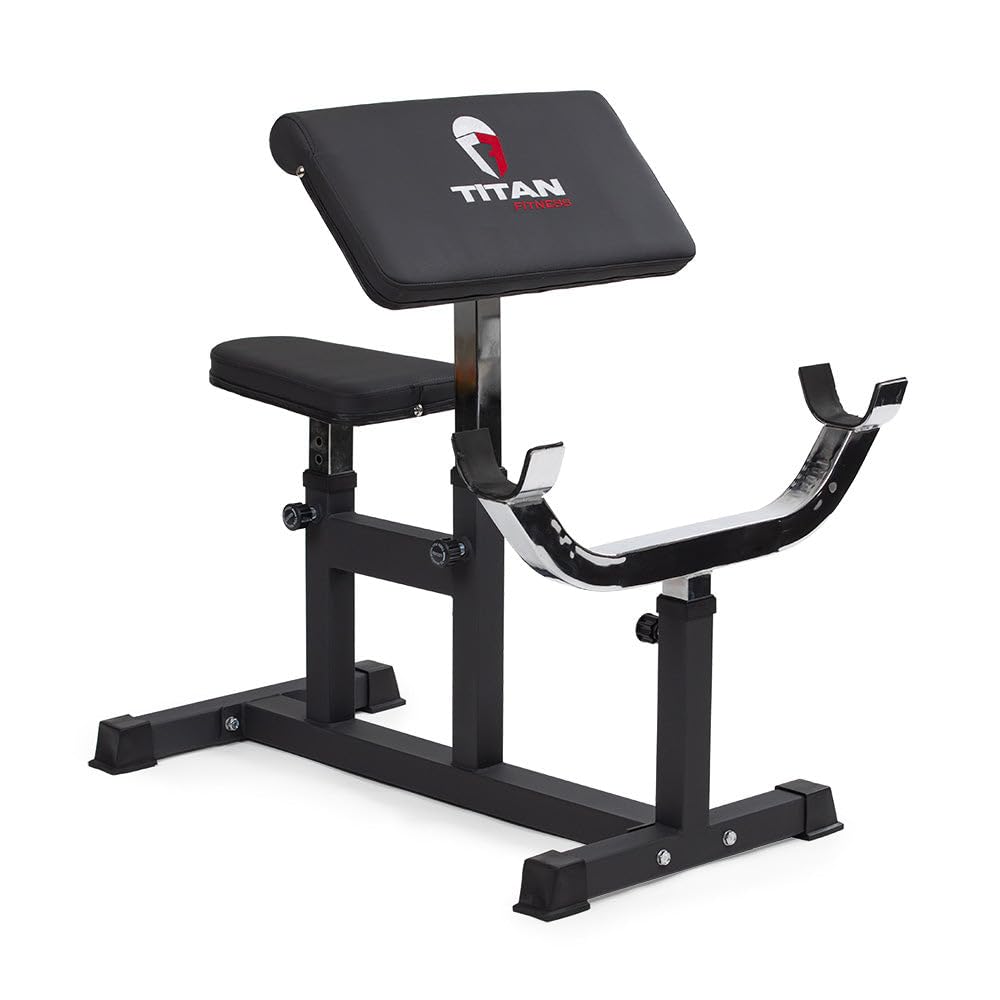 Titan Fitness Adjustable Preacher Curl Weight Station, 250 LB Capacity, Adjustable Bench Seat, Adjustable Arm Rest, Durable Bar Catches, Seated Home Gym Barbell and Dumbbell Biceps Station
